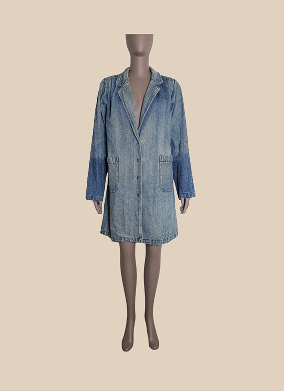 Vintage 00s Medium Wash Denim Blue Jean Long Coat Size Small Fall Winter Jacket Long Sleeve Blue Jean Coat Collared V Neck Mid Length Coat