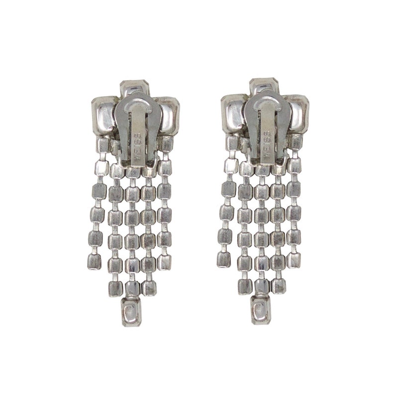 collector of vision vintage shop art deco dangling crystal clip on earrings with square crystal detail at the top, showing the back with clip on latch back clasp