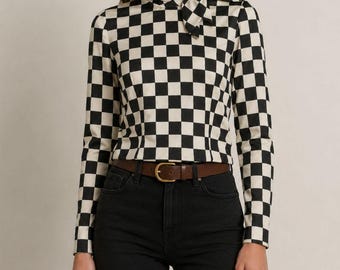 Vintage-Bluse mit schwarz-weiß kariertem Schleifenmuster, Damengröße S, Langarm