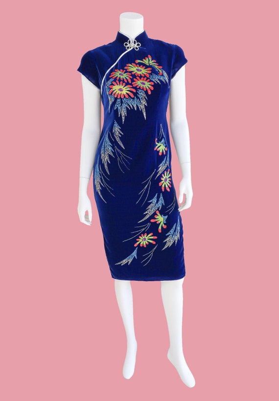 Vintage Electric Blue Floral Cheongsam Pencil Dres