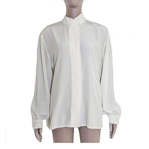 White Pleated Button-Down Blouse Classic Collared Shirt for Office Formal Top Size Large High Neck Blouse Mock Neck Top Formal Evening Top