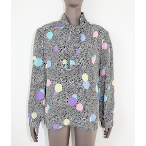 Vintage 80s Polka Dot Puff Sleeve Blouse Formal Evening Cowl Neck Shirt Size L