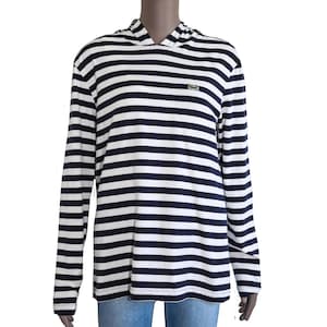 Lacoste Navy Blue White Striped Long Sleeve Hoodie Blouse Coastal Spring Preppy Beach Cover Up Summer Casual Lightweight Nautical Stripe Top