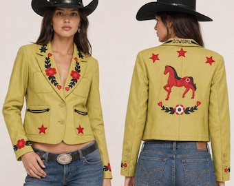 Vintage gelbe Leder-Westernjacke mit Pferde-, Blumen- und Sternenmuster, Rodeo-Stil, Größe M