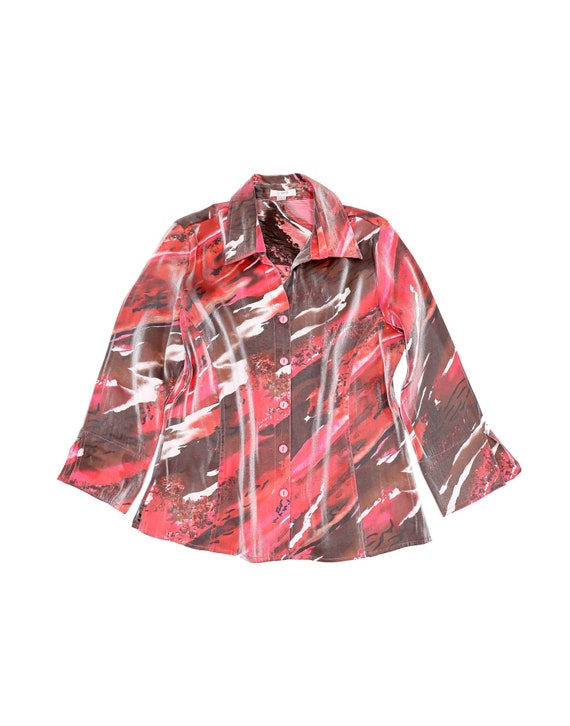 90s Red & Pink Abstract Shimmer Blouse - Size Medi