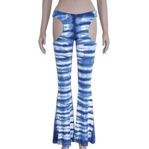 Oh Mighty Boho Chic Blue Tie Dye Cut Out High Waisted Bell Bottom Pants Small Bohemian Festival Flared Pants Party y2k Casual Trendy Bottoms