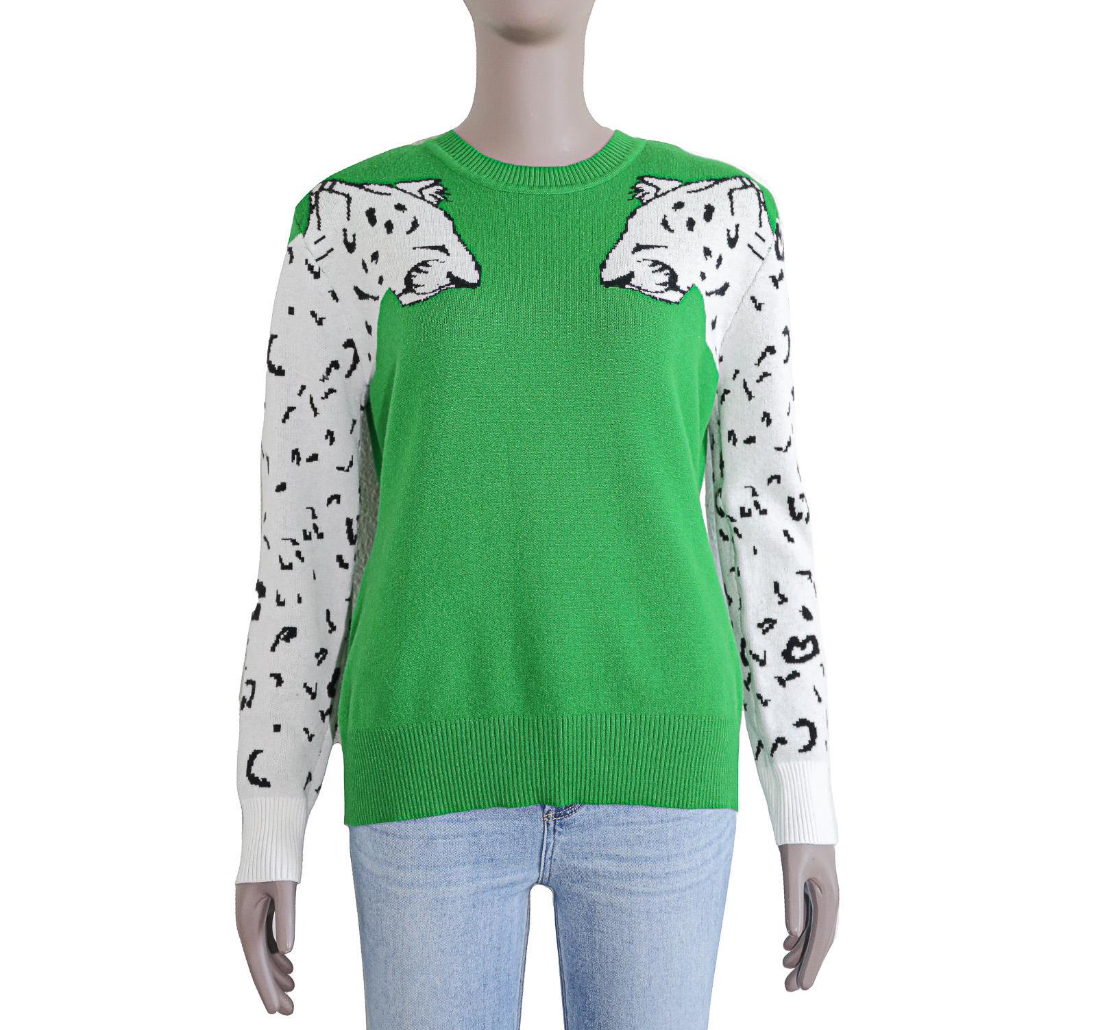 Green White Animal Print Crew Neck Sweater Trendy Pullover Cozy Chic Knitwear Office Work Blouse Long Sleeve Formal Top Statement Bold Top