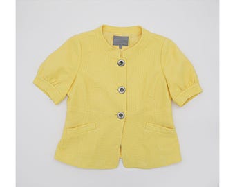 Yellow Cotton Button Down Short Sleeve Collared Office Blouse Work Top Womens L