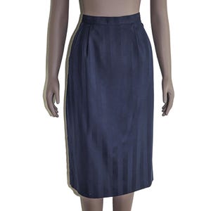 Vintage 80s Navy Blue Striped Pencil Skirt High-Waisted Retro Office Wear Size 8