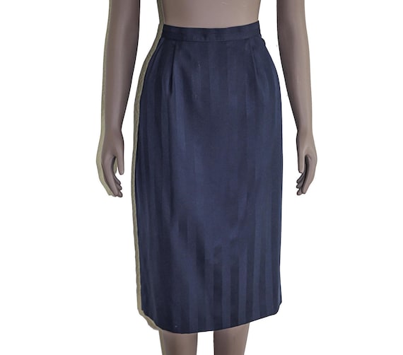 Vintage 80s Navy Blue Striped Pencil Skirt High-Waisted Retro Office Wear  Size