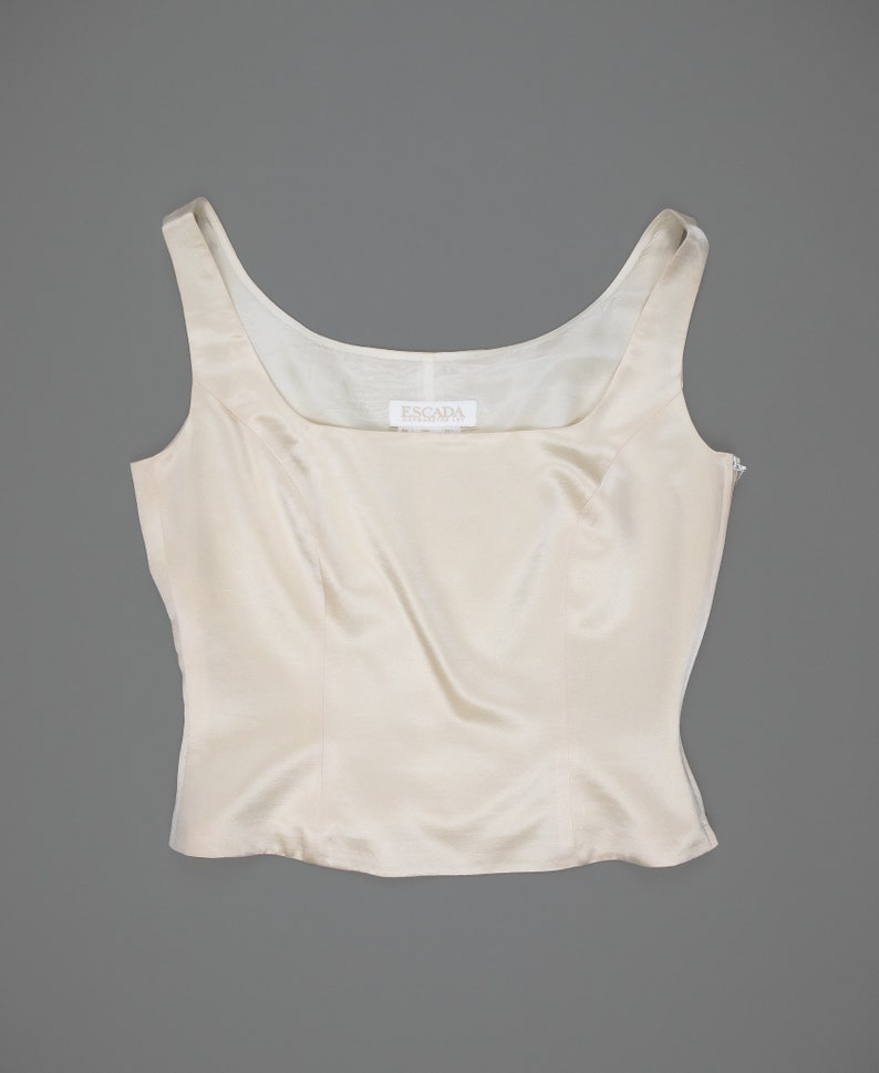 escada silk cream tank corset with square neckline, thick tank straps, and side zipper closure from collector of vision store