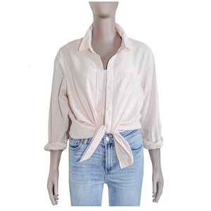 Preppy Pink White Striped Cotton Button Down Shirt Casual Office Top Summer Blouse Classic Long Sleeve Top Smart Casual Spring Coastal Top