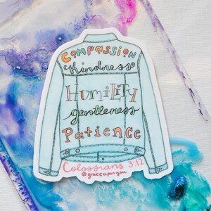 Jean Jacket Colossians 3:12 Christian Sticker | Bible verse sticker | Trendy Sticker | Christian gift for teens | Waterproof sticker