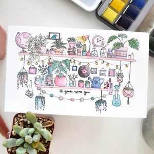 Plantas no impressão da arte da aguarela das prateleiras | impressão de arte de planta em aquarela | Impressão artística pequena | planta cartão postal | mini estampas | impressão de arte suculenta