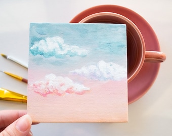 Pastel Pink and Blue Cloud Acrylic Painting On A Mini Canvas - mini canvas painting,  pastel sky painting, aesthetic painting, pink painting