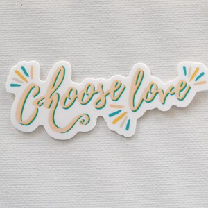 May include: A white sticker with the text "choose love" in a peachy-orange color with teal accents. The text is in a cursive font with a flourish at the end of the word "love". There are teal and yellow starbursts on either side of the text.