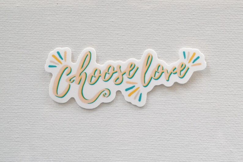 May include: A white sticker with the text "choose love" in a peachy-orange color with teal accents. The text is in a cursive font with a flourish at the end of the word "love". There are teal and yellow starbursts on either side of the text.