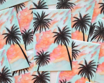 Aquarell Palme Sonnenuntergang Aufkleber - Aquarell Aufkleber, Laptop Aufkleber, Wasserflasche Aufkleber, Strand Aufkleber, Ozean Aufkleber, Wellen Aufkleber