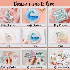 May include: A set of nine images showcasing different religious-themed keychains, pins, and sticker packs. The keychains feature a blue wave, a white anchor with flowers, and a retro-style "1-800-JESUS" design. The pins include a blue wave, a white flower, and a roller skate with the words "Rollin' with Jesus". The sticker packs feature a variety of designs, including a blue wave, a roller skate, a butterfly, and a mountain scene.