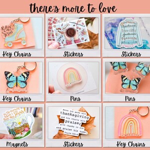 May include: A collage of nine images showcasing various religious-themed crafts, including keychains, stickers, pins, and magnets. The images feature designs with butterflies, rainbows, coffee cups, and inspirational quotes.