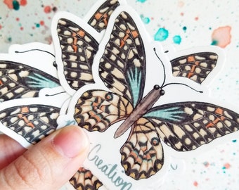 May include: A set of four butterfly stickers with black, white, orange, and blue wings. The stickers are printed on white paper and have a glossy finish.