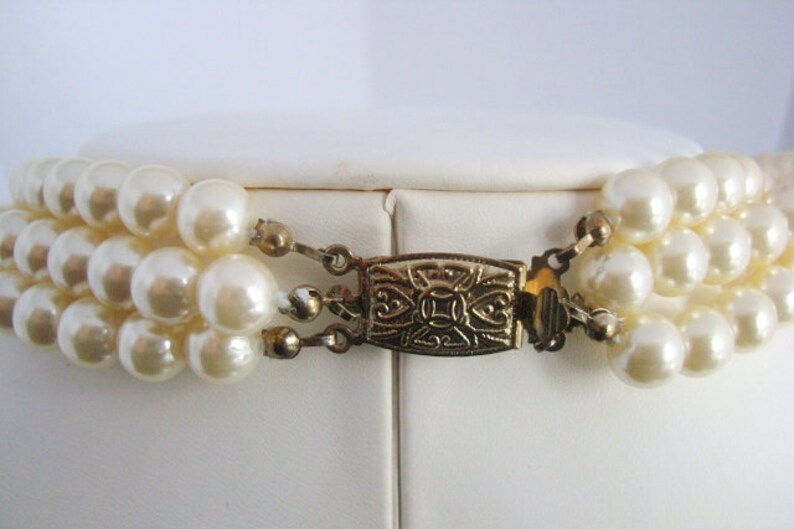 Mid-Century Vintage 3-Strand Faux Pearl Necklace and Black Enamel Pendant with Channel Rhinestones