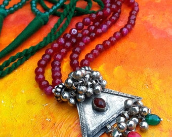 Green and red glass beads necklace with silver toned  pendant, antique pendant, micro bead detailing, boho necklaceholiday gift, unique gift