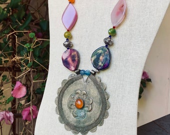 Big antique pendant with pink flat beads long necklace, with smaller round beads in a beautiful pattern , unique gift, statement necklace
