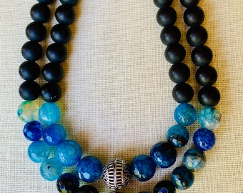 Shades of blue and black  glass bead short necklace, stunning blue necklace, unique gift