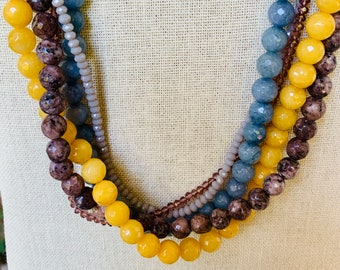 Multi-layered glass bead short necklace, yellow, blue, brown, white glass beads