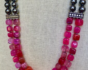 Bright pink glass beads and gray metal beads long necklace, stunning necklace, unique gift