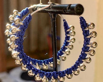 Tiny silver beads and blue crochet light weight hoop earrings