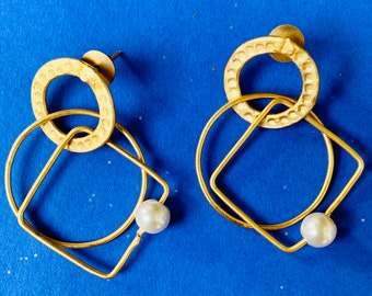 White bead gold loop multi-layer earrings, unique earrings , fashion earrings