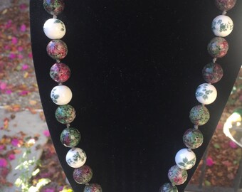 Semi precious natural stone necklace, red, white and green hues