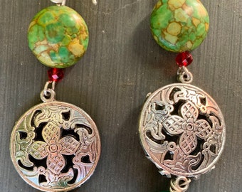 Green beads and faux silver earrings inspired by nature