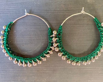 Tiny silver beads and green crochet light weight hoop earrings