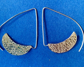 Crescent moon shaped statement earrings, silver tone hammered style hoop earrings, women's jewelry, gift for her