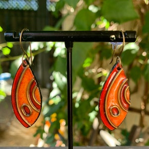 Red orange and antique gold finish handmade paper and metal dangle earrings, lightweight earrings