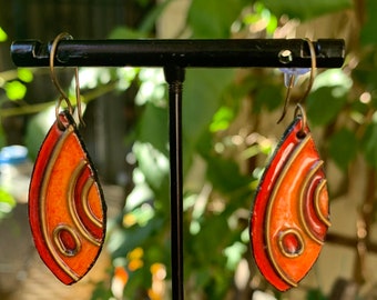 Red orange and antique gold finish handmade paper and metal dangle earrings, lightweight earrings