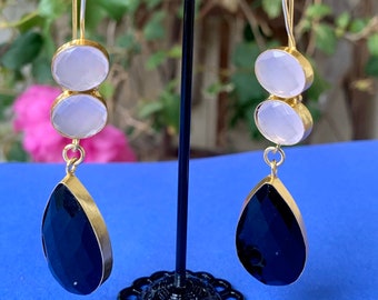Elegant pink gemstone and black druzy stone drop earrings, natural gemstone chic earrings, statement earrings, unique earrings