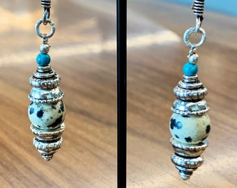 Spotted natural stone tibetan earrings, boho ethnic earrings, gypsy earrings, dangle earrings, drop earrings, gifts for her, metal