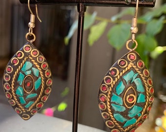 Vibrant turquoise mixed colors tibetan dangle and drop earrings