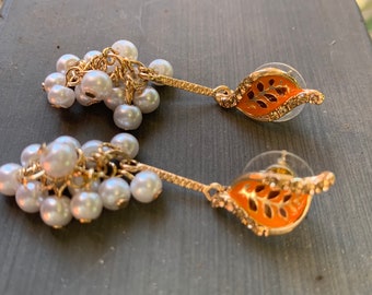 Gold-Toned  micro pearl & orange detail dangle and drop earrings