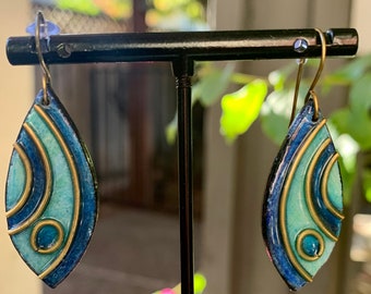 Blue and antique gold finish handmade paper and metal dangle earrings, lightweight earrings