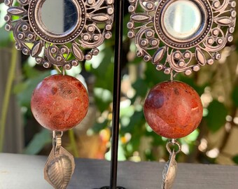 Mirror and wood bead statement earrings with intricate design