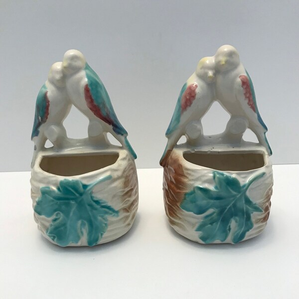 Vintage Morton Pottery Parakeets Birds Planter Wall Pocket