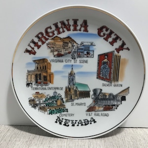 Vintage Gold Trimmed Virginia City Nevada Souvenir Collector Plate Silver Queen V&T Railroad St. Mary’s