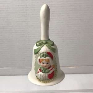 Vintage 1970s Jasco Christmas Girl Bisque Porcelain Figurine Bell Holiday Decor