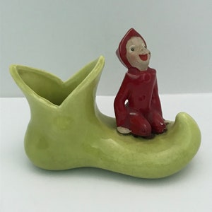 Vintage Red Elf Pixie Sitting On Green Shoe Boot Planter Flowers Vase Retro Decor