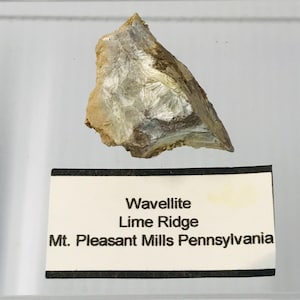 May include: A close-up of a light gray and brown wavellite rock specimen from Lime Ridge, Mt. Pleasant Mills, Pennsylvania.